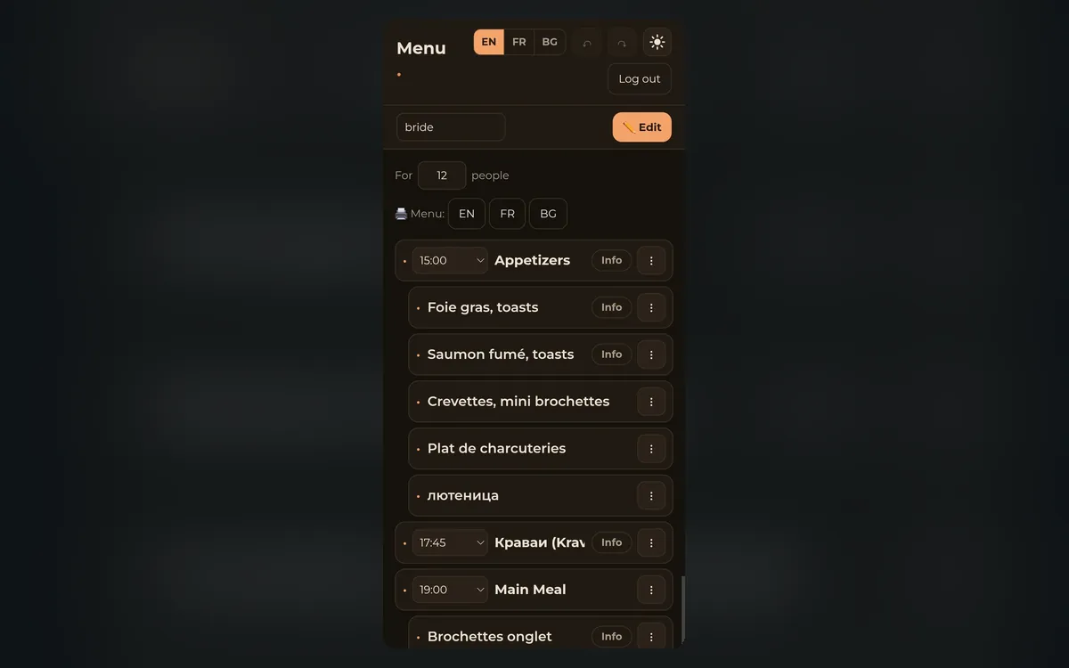 The menu builder: courses with serving times, a guest count, and print buttons for English, French and Bulgarian